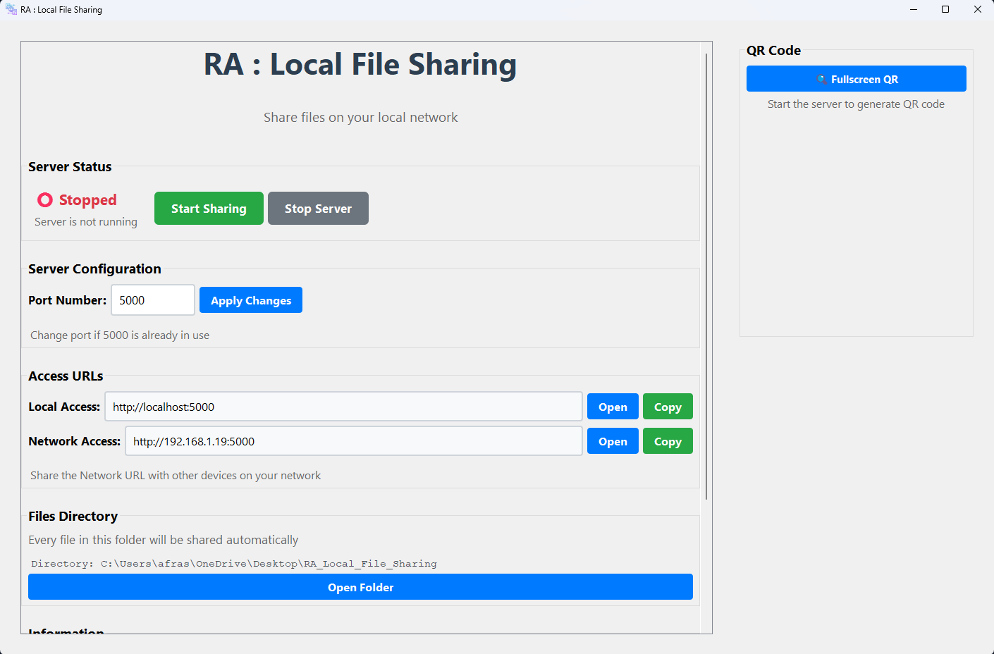 RA Local File Sharing - Main Interface