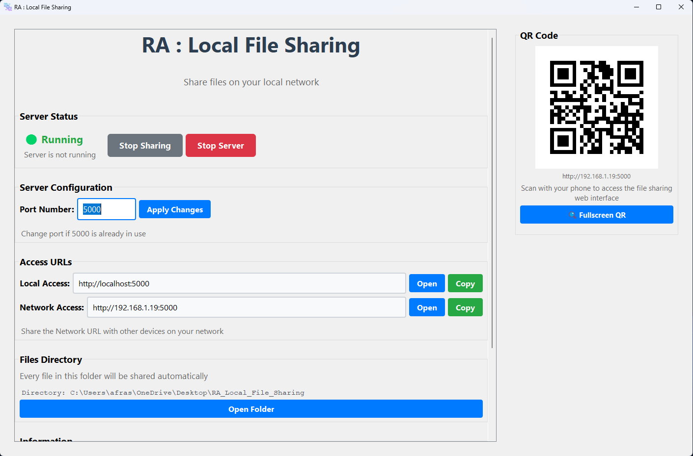 RA Local File Sharing - Application Window